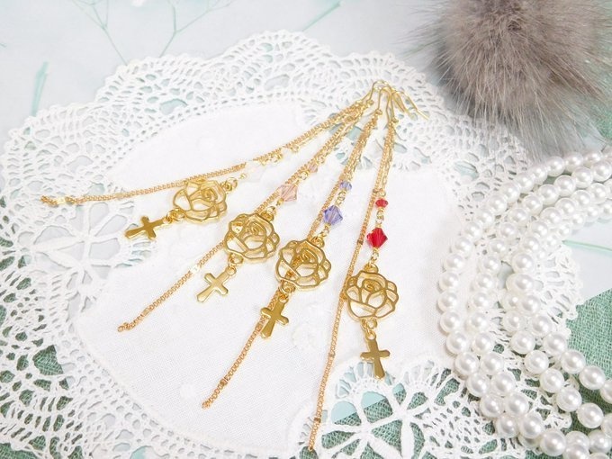 薔薇クロスとクリスタライズのドール用ウィッグピアスG