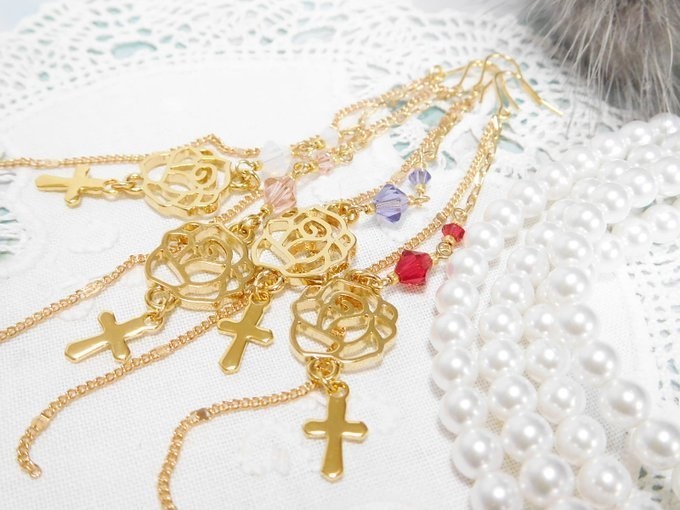 薔薇クロスとクリスタライズのドール用ウィッグピアスG