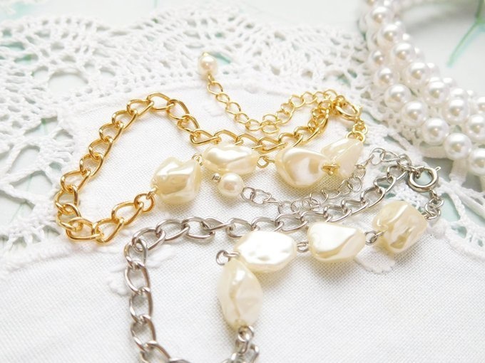 バロックパールとチェーンのドール用アシンメトリーネックレス