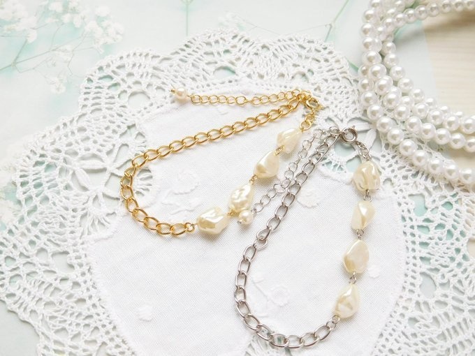 バロックパールとチェーンのドール用アシンメトリーネックレス