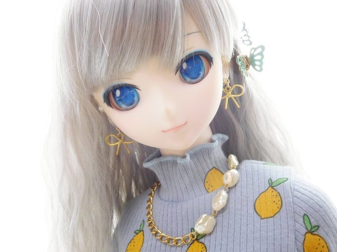 バロックパールとチェーンのドール用アシンメトリーネックレス