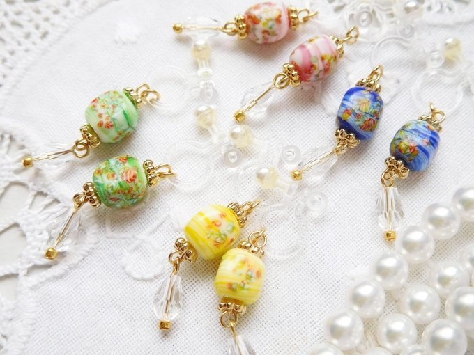  JAPANヴィンテージ花キューブガラスのドール用ノンホールピアス