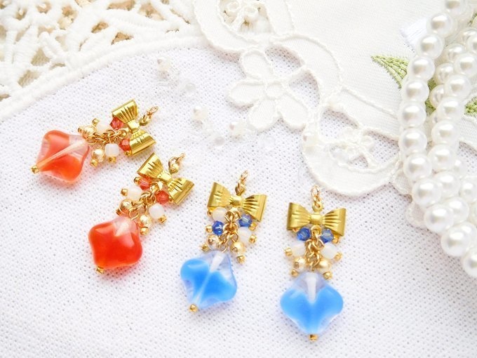 リボンとCZ菱ギブレのドール用しゃらんらノンホールピアス