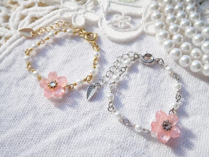 ラインストーン桜とパールのドール用チョーカー