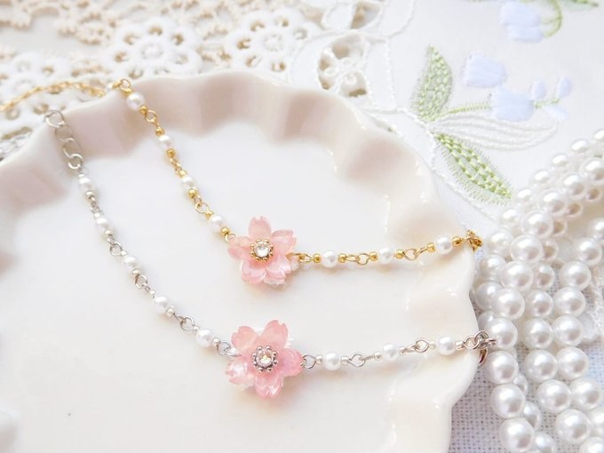 ラインストーン桜とパールのドール用チョーカー
