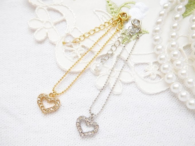 ラインストーンオープンハートチャームのドール用ネックレス
