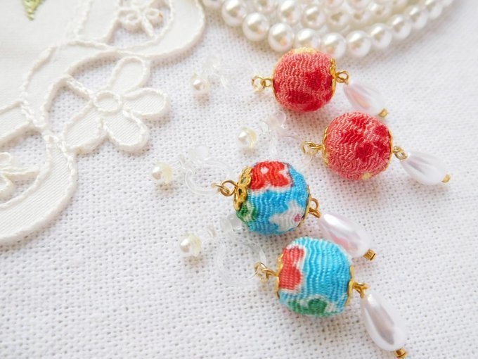 ちりめん和ビーズのドール用ノンホールピアス