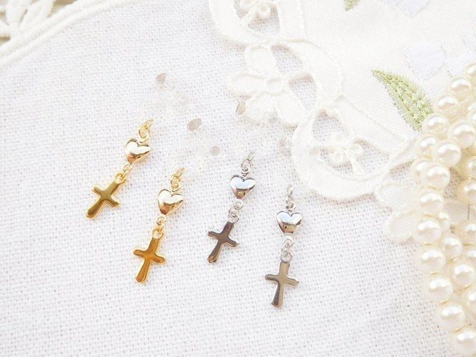 ハートコネクターとクロスチャームのドール用ノンホールピアス