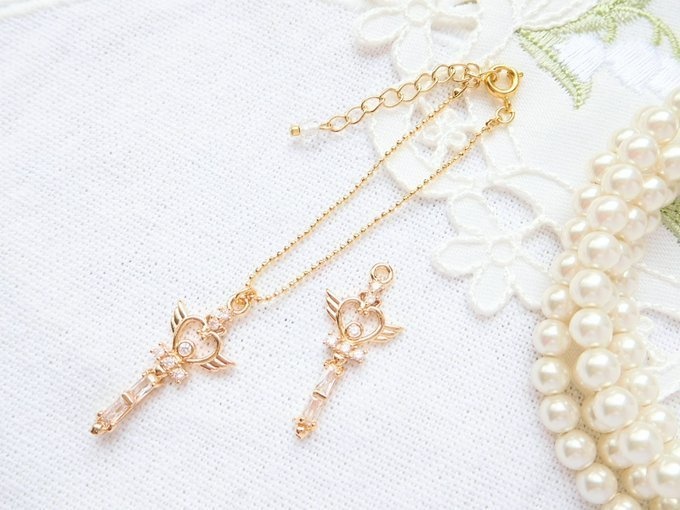 ジルコニア羽ハートステッキチャームのドール用ネックレス