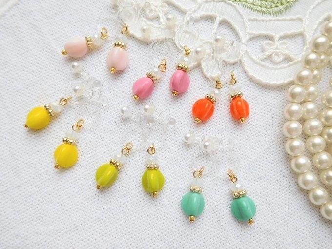 カラフルドイツビーズのドール用ノンホールピアス