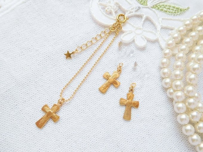 ハート模様真鍮クロスチャームのドール用ネックレス&ノンホールピアス