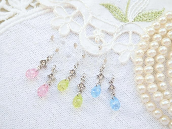 菱ラインストーンとクラックルドロップのドール用ノンホールピアス