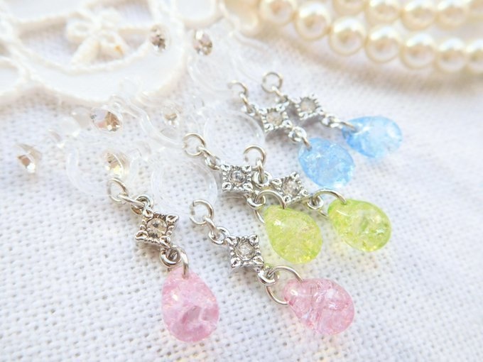 菱ラインストーンとクラックルドロップのドール用ノンホールピアス