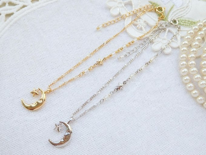 金銀月星チャームのドール用アシンメトリーネックレス