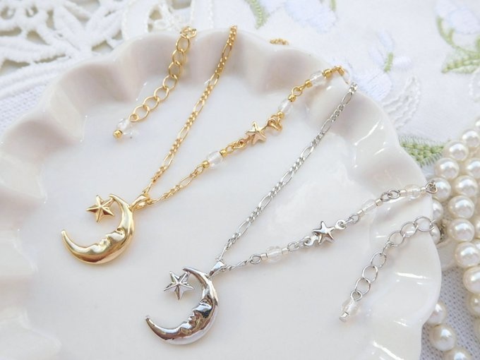 金銀月星チャームのドール用アシンメトリーネックレス