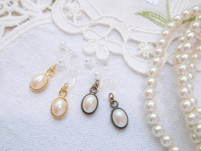 オーバルパールカボションのドール用ノンホールピアス