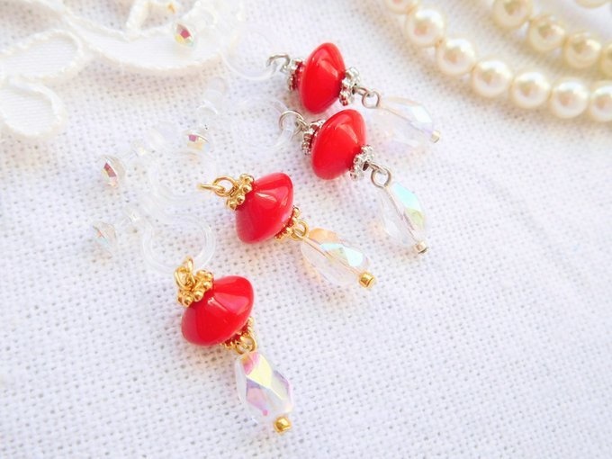 フランスヴィンテージレッドスペーサーのドール用ノンホールピアス