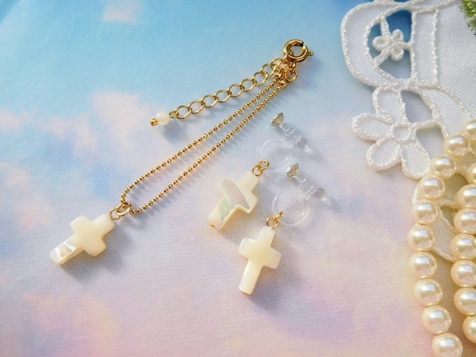 マザーオブパール十字架のドール用ネックレス&ノンホールピアス