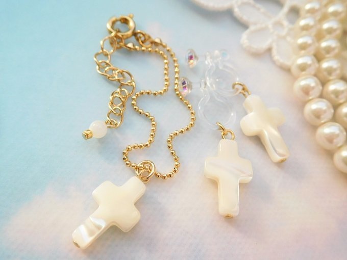 マザーオブパール十字架のドール用ネックレス＆ノンホールピアス