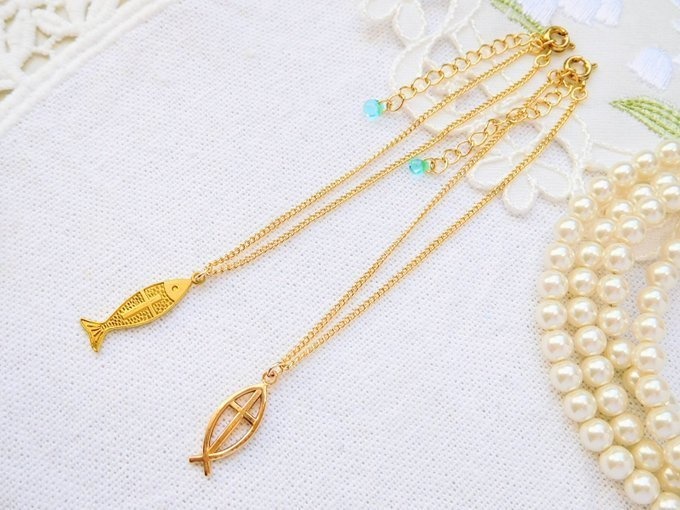 真鍮お魚チャームのドール用セミロングネックレス