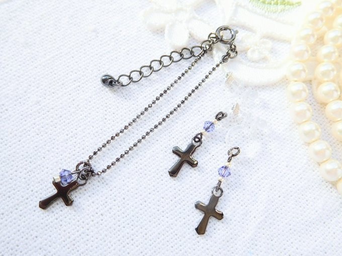 プチブラッククロスとクリスタライズのドール用ネックレス&ノンホールピアス