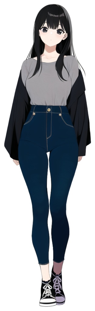 全身立ち絵素材 黒髪ジーンズ女性