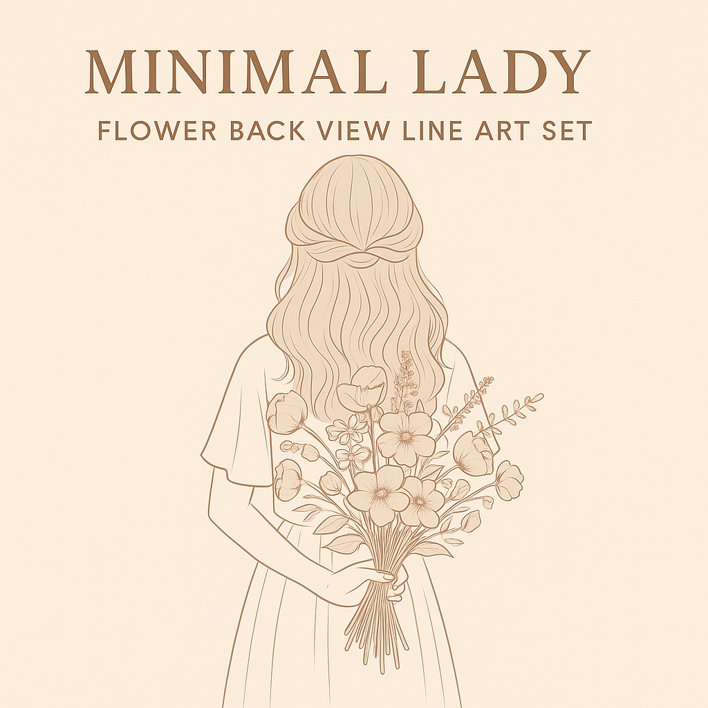 Minimal Lady – Flower Back View Line Art Set