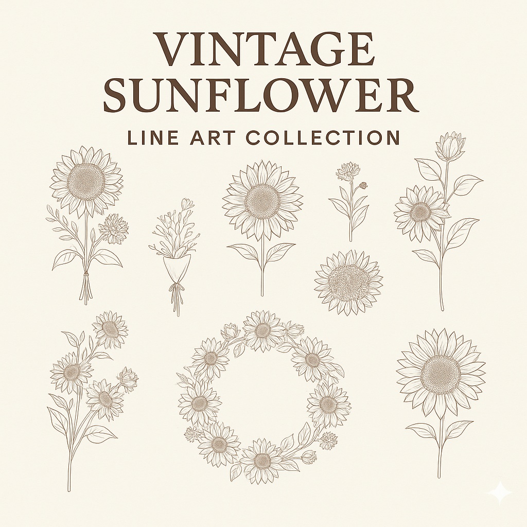 Vintage Sunflower Line Art Collection