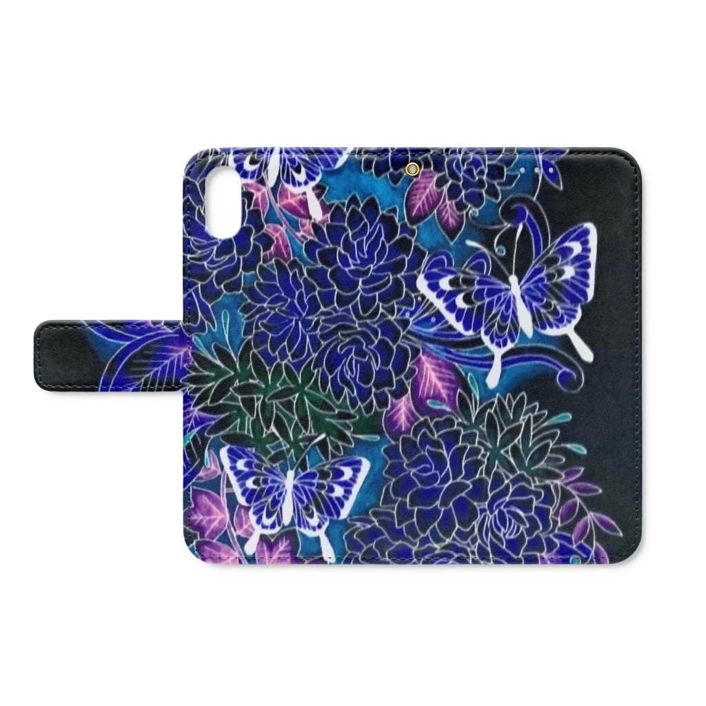 手帳型iphonexケース ストラップ穴あり 花と蝶々 鬼屋敷 Booth