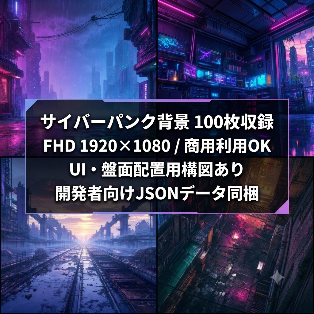 【100枚収録】サイバーパンク背景素材プレミアムセット(FHD / UI配置構図 / JSON同梱)