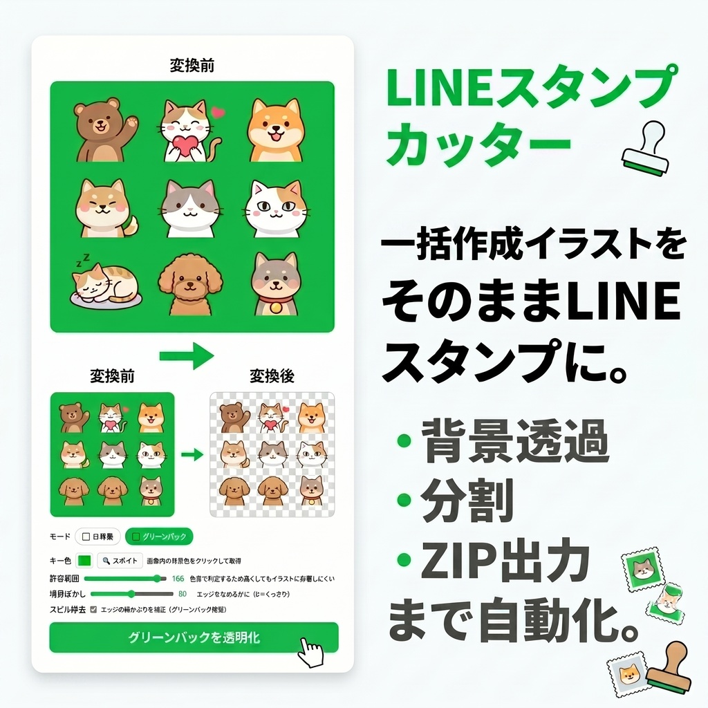 LINEスタンプカッター｜まとめてつくったイラストをそのまま申請用に変換・分割・ZIP出力まで自動