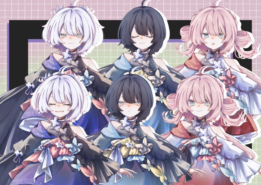 【立ち絵素材】ふわふわとフリルのあの子_無料版+表情差分表情15種.png , psd