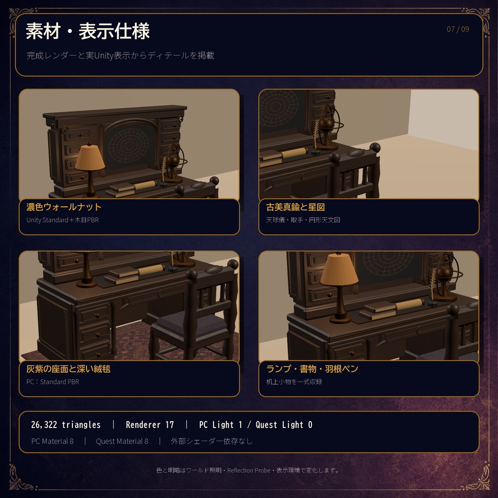 【VRChat PC/Quest】月詠みの天文机|1席Sit付きアンティーク天文家具セット