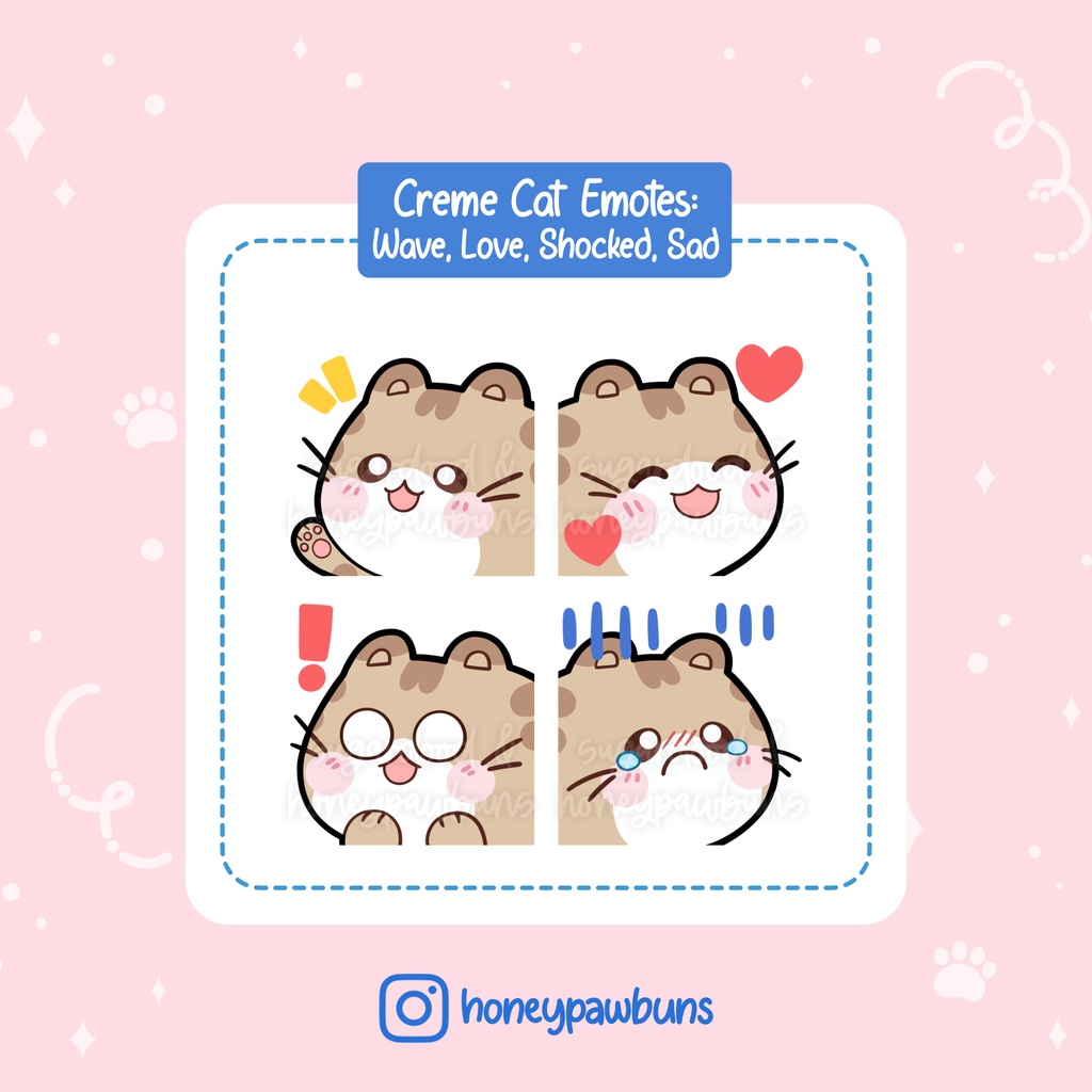 Creme Tabby Cat Twitch Emotes: Wave, Love, Shocked, Sad