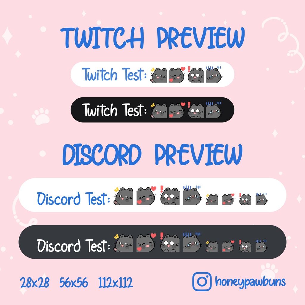 Black Cat Twitch Emotes: Greeting, Heart, Suprise, Sad