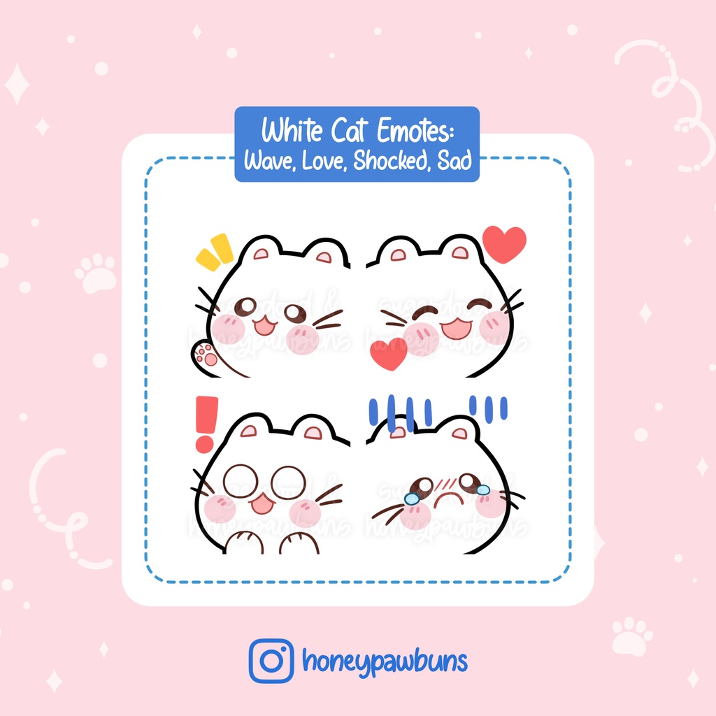 White Cat Twitch Emotes: Wave, Love, Shocked, Sad