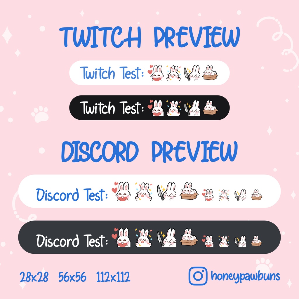 White Bunny Twitch Emotes: Love, Hype, Knife, Box