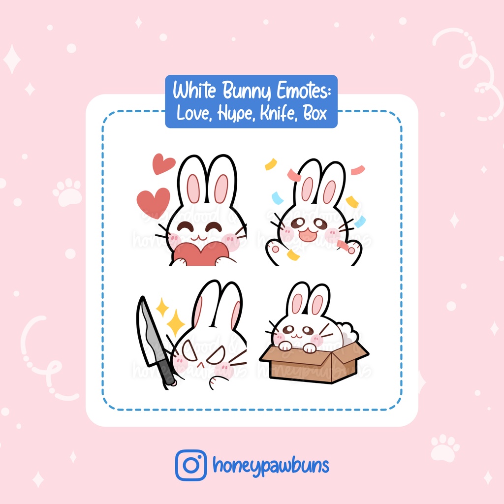 White Bunny Twitch Emotes: Love, Hype, Knife, Box