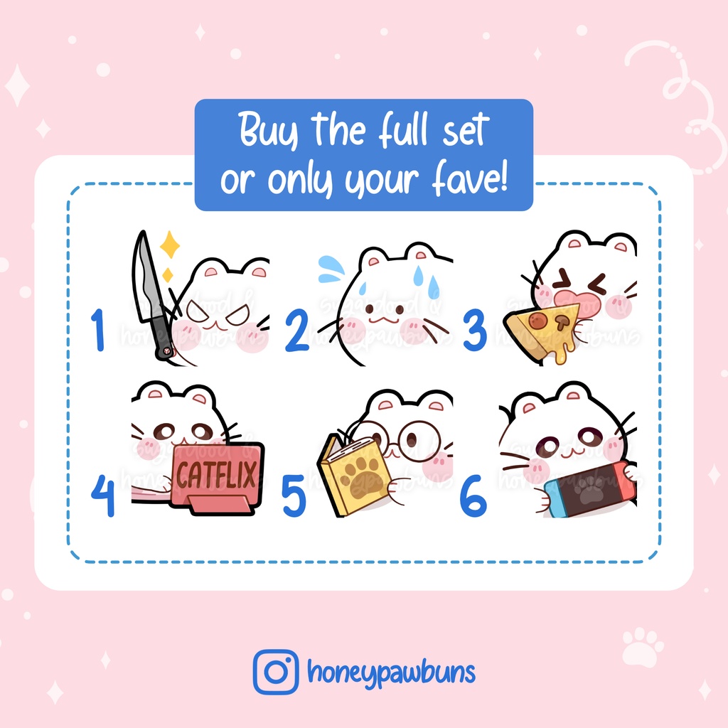 White Cat Emotes: Knife, Sweat Drop, Pizza, Catflix, Book, Game