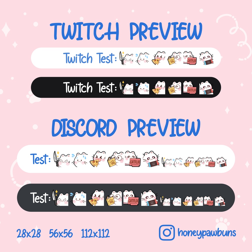 White Cat Emotes: Knife, Sweat Drop, Pizza, Catflix, Book, Game