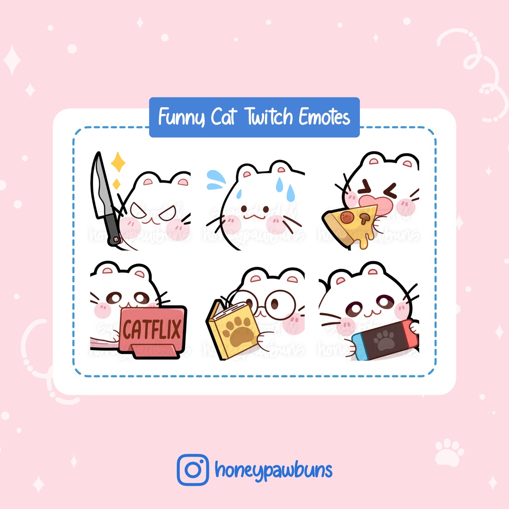 White Cat Emotes: Knife, Sweat Drop, Pizza, Catflix, Book, Game