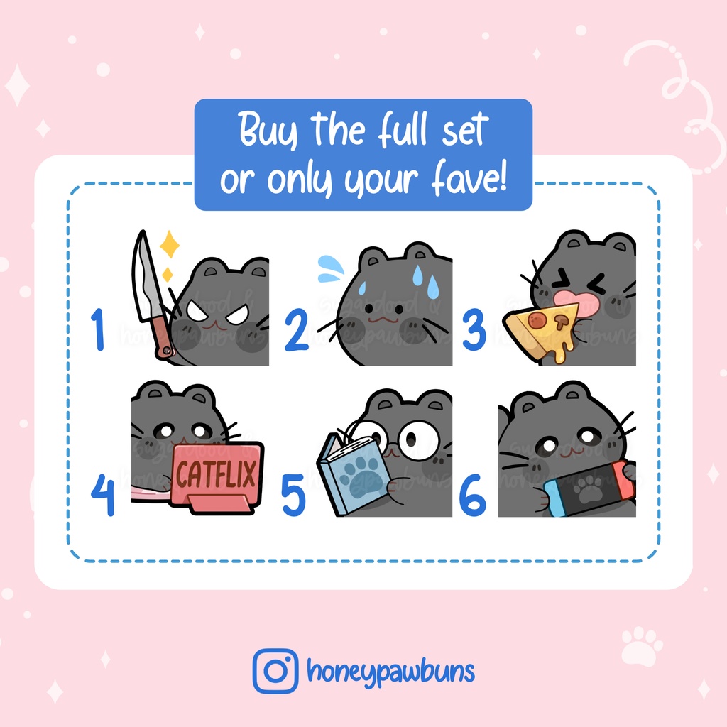 Black Cat Emotes: Knife, Sweat, Pizza, Catflix, Reading, Gaming
