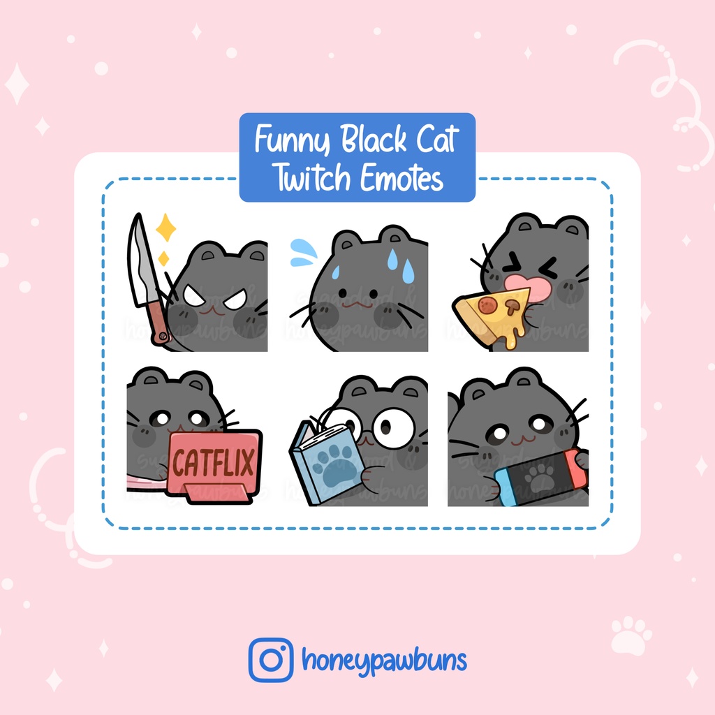 Black Cat Emotes: Knife, Sweat, Pizza, Catflix, Reading, Gaming