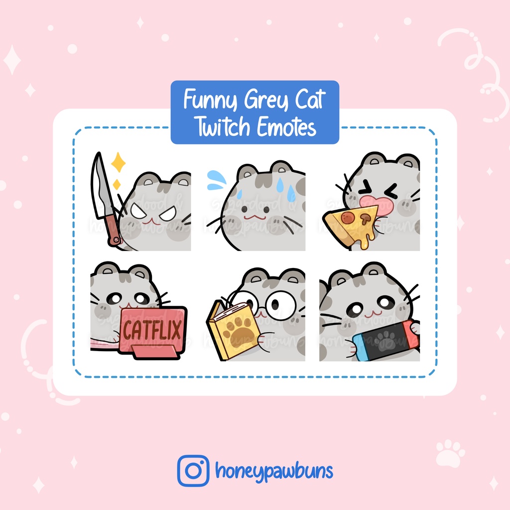Gray Cat Emotes: Knife, Panic, Pizza, Catflix, Study, Gaming