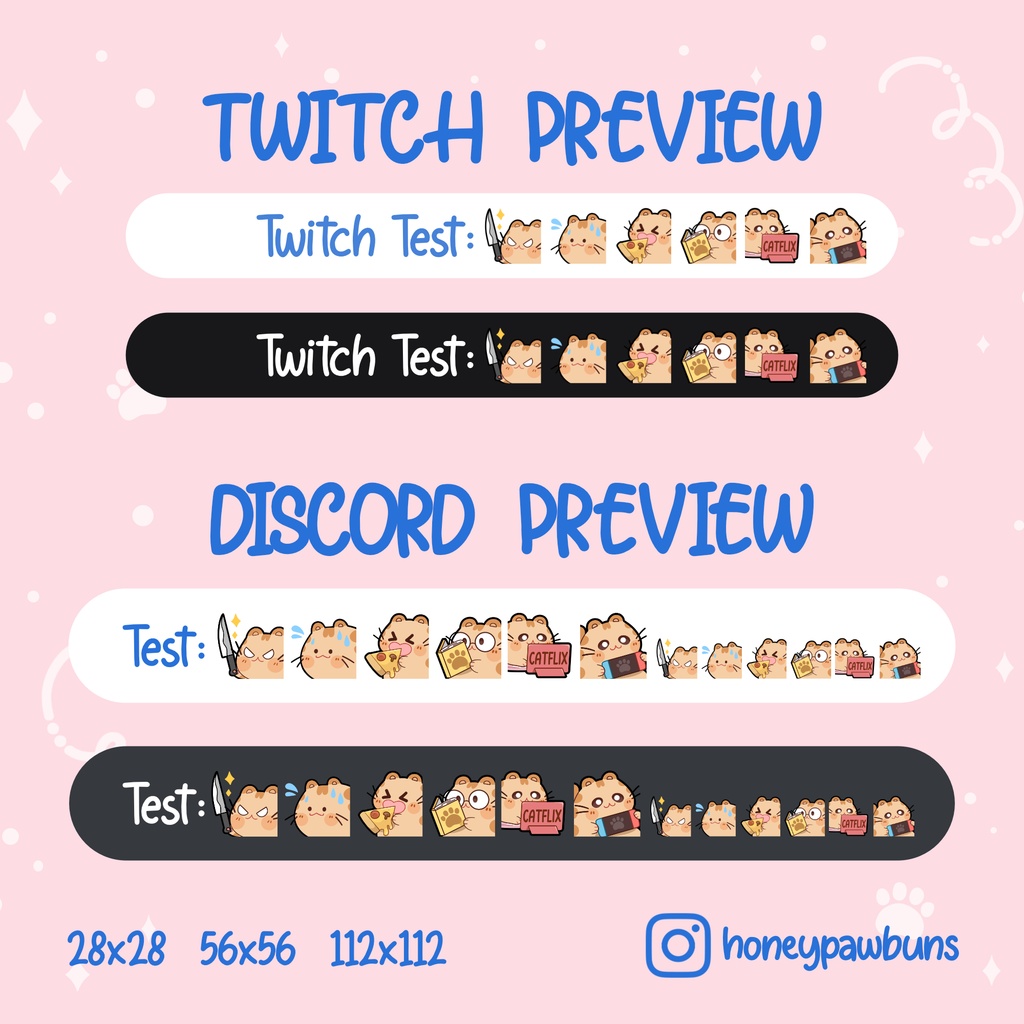 Orange Cat Emotes: Knife, Sweat, Pizza, Catflix, Book, Gaming