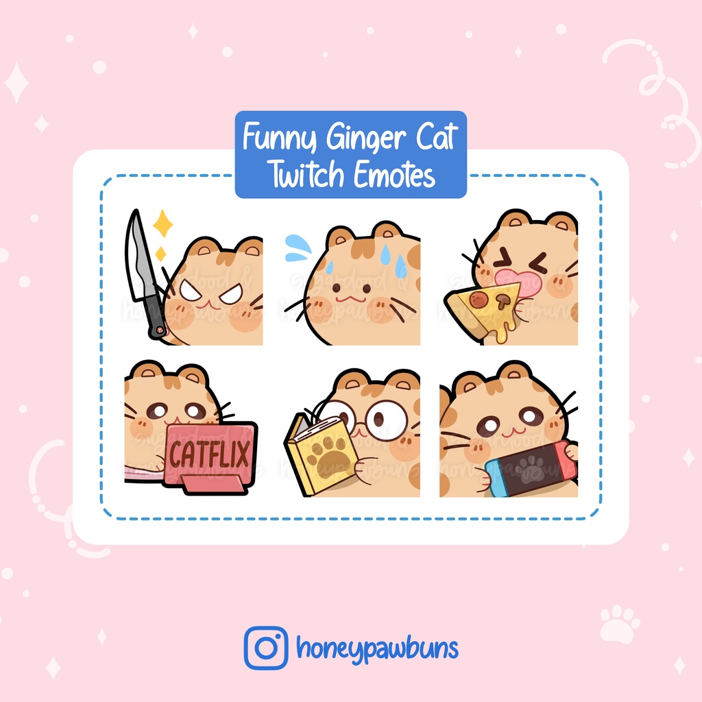 Orange Cat Emotes: Knife, Sweat, Pizza, Catflix, Book, Gaming