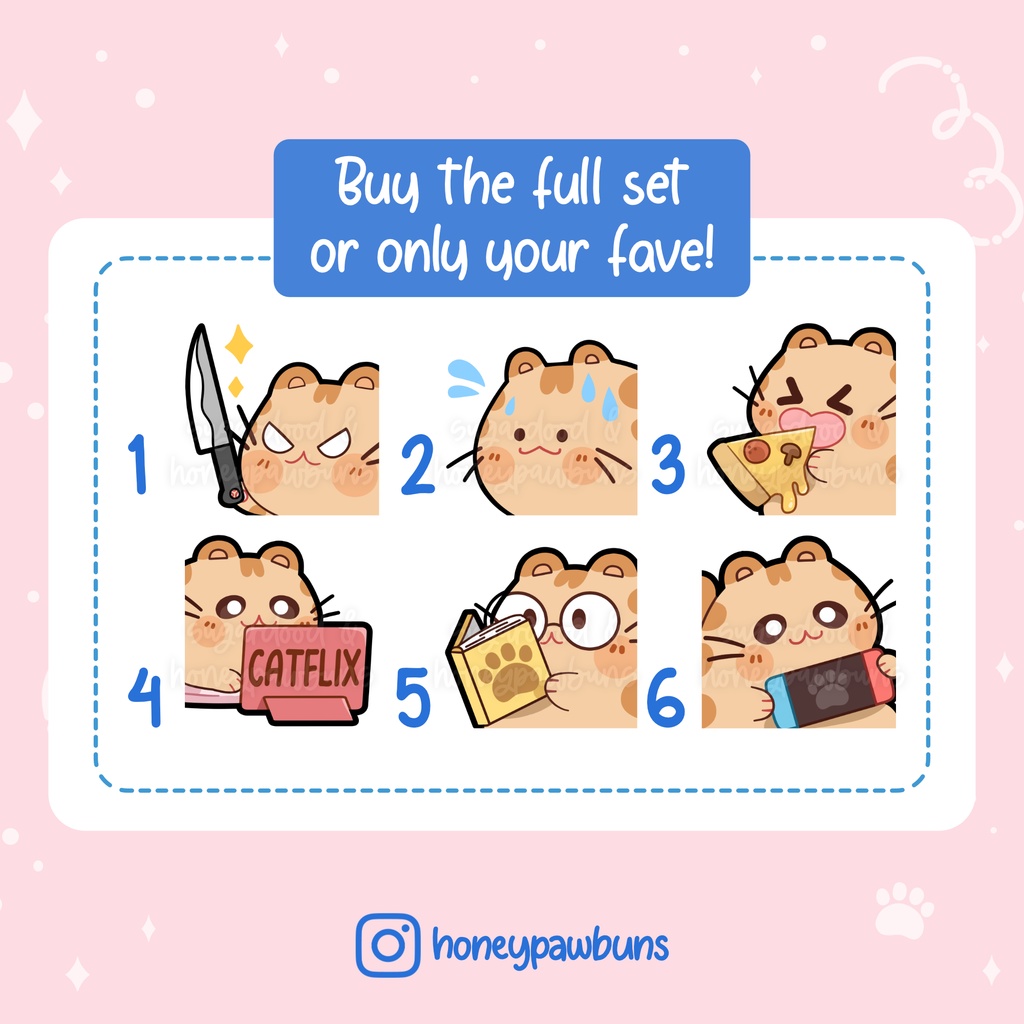 Orange Cat Emotes: Knife, Sweat, Pizza, Catflix, Book, Gaming