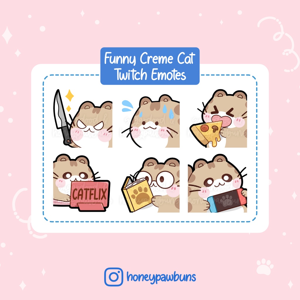 Creme Tabby Cat Emotes: Knife, Sweat, Pizza, Catflix, Reading, Gaming