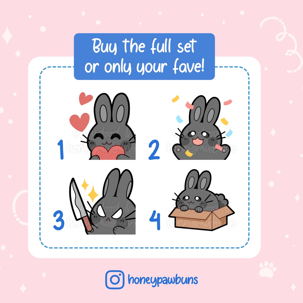Black Bunny Twitch Emotes: Heart, Confetti, Knife, Box