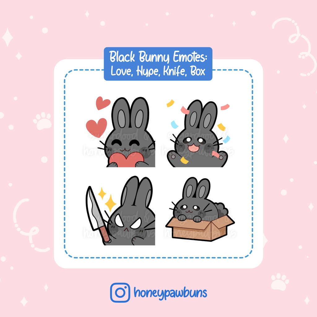 Black Bunny Twitch Emotes: Heart, Confetti, Knife, Box